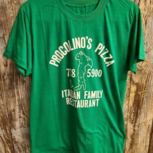 Vintage 1980s Pizza Shop Green T Shirt Procolino's Pizza Vittoria - Picture 1 of 6